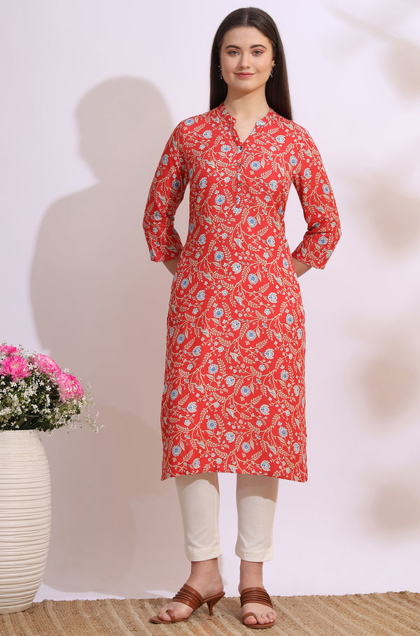 Orange Bold Floral Printed Cotton Cambric Straight Kurta