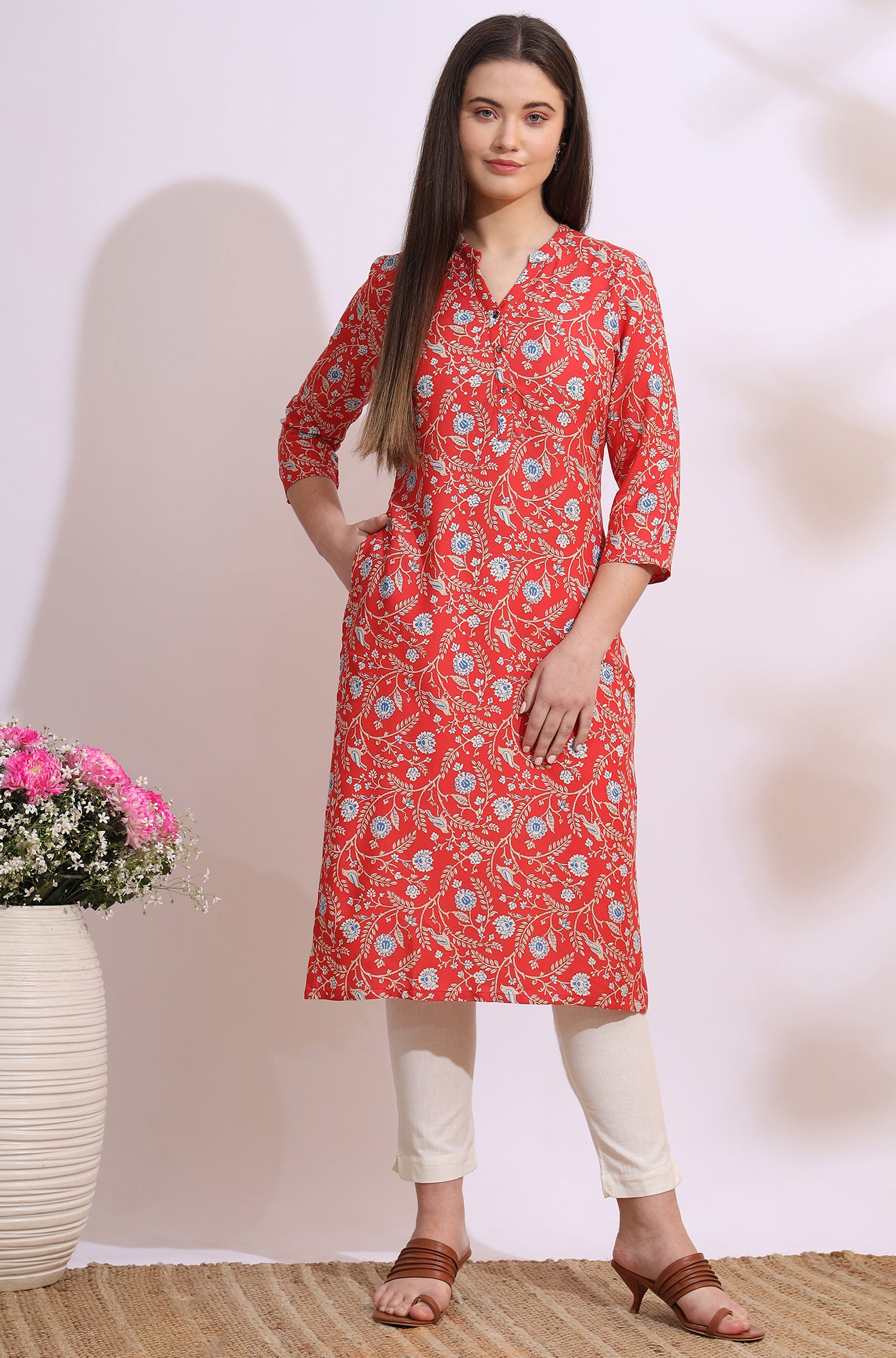 Orange Bold Floral Printed Cotton Cambric Straight Kurta