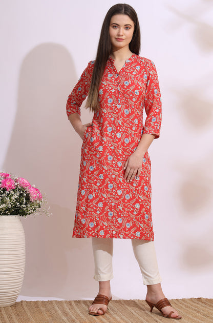 Orange Bold Floral Printed Cotton Cambric Straight Kurta