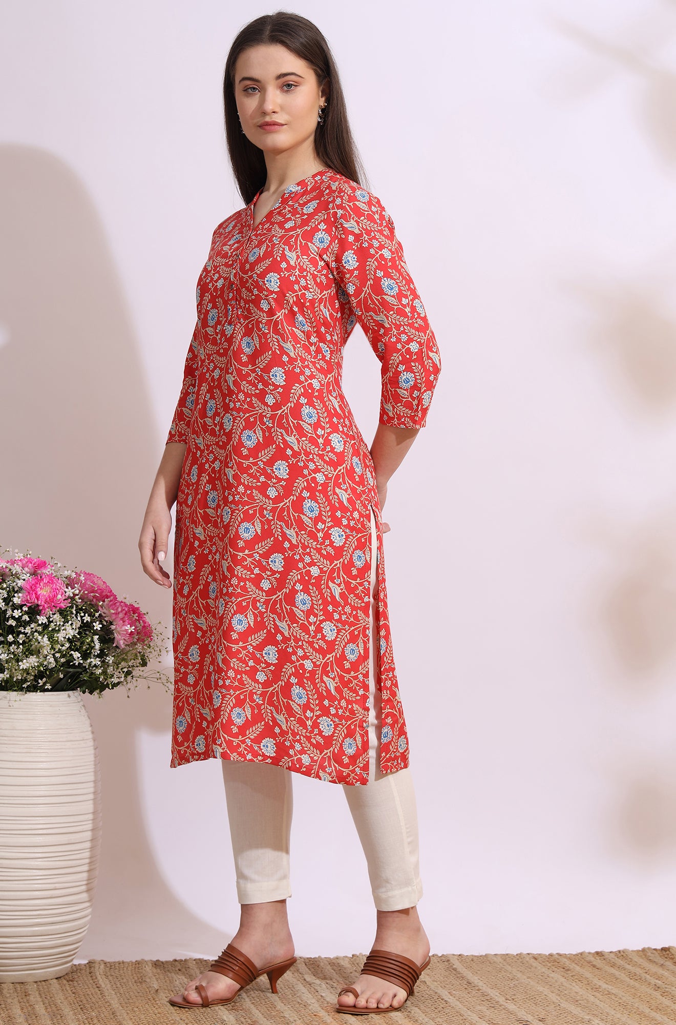 Orange Bold Floral Printed Cotton Cambric Straight Kurta
