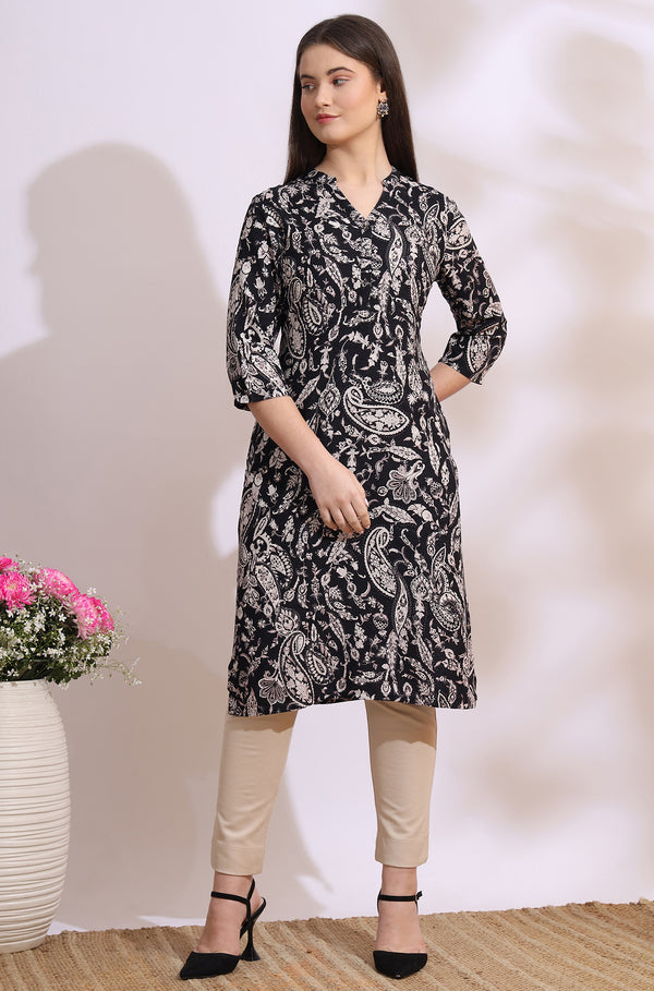 Black Bold Floral Printed Cotton Cambric Straight Kurta