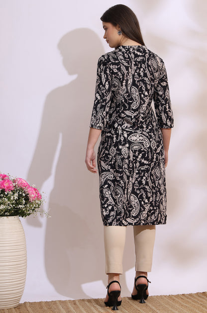 Black Bold Floral Printed Cotton Cambric Straight Kurta