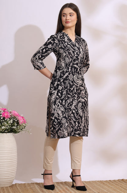 Black Bold Floral Printed Cotton Cambric Straight Kurta