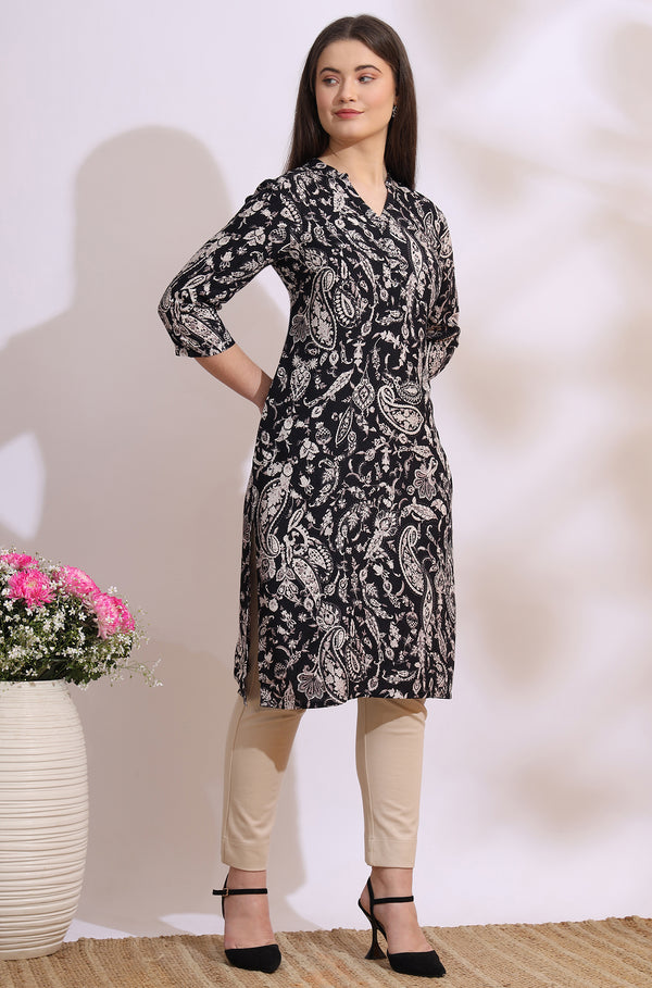 Black Bold Floral Printed Cotton Cambric Straight Kurta