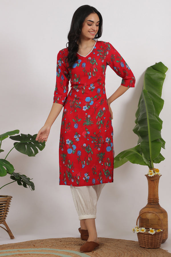Red Bold Floral Printed Modal Straight Kurta