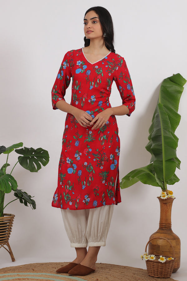 Red Bold Floral Printed Modal Straight Kurta