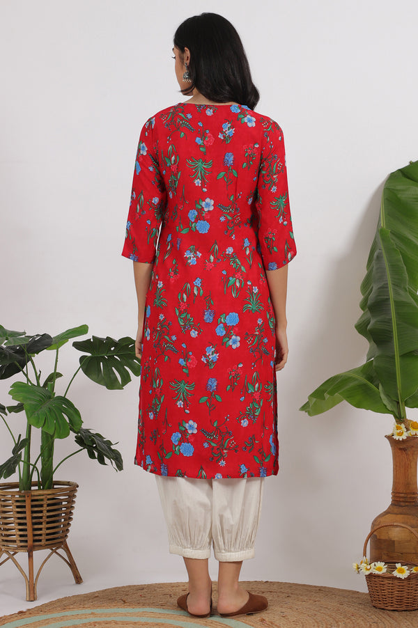 Red Bold Floral Printed Modal Straight Kurta