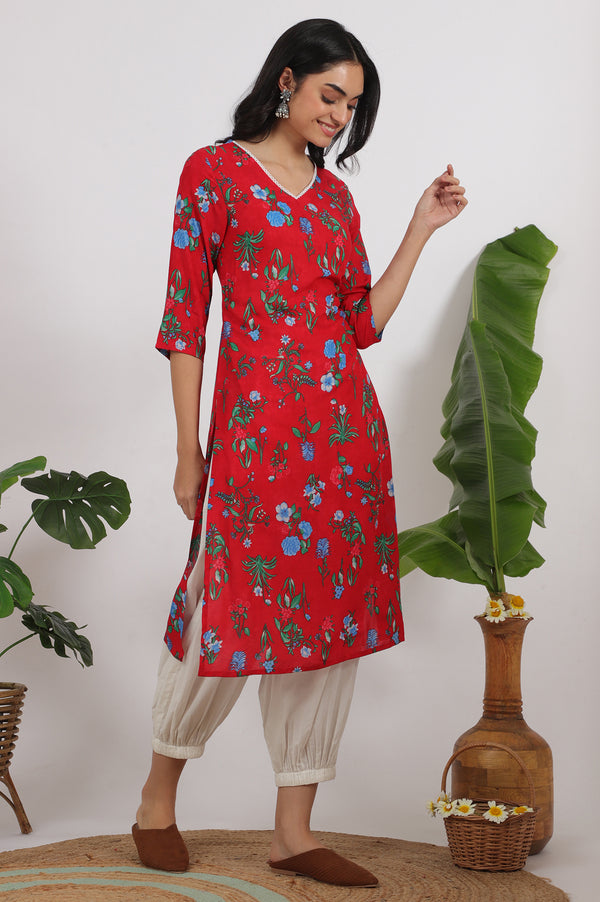 Red Bold Floral Printed Modal Straight Kurta