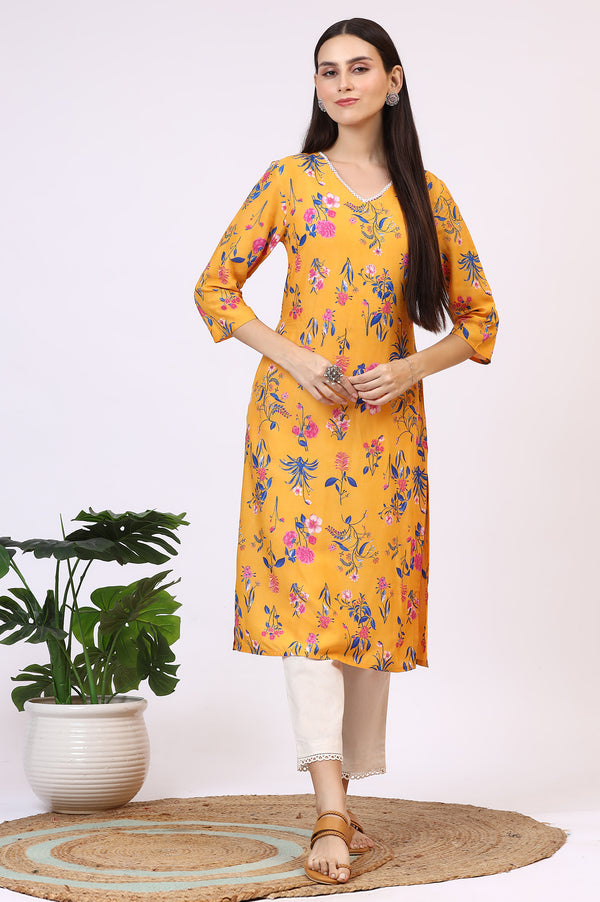 Yellow Floral Printed Modal Straight Kurta with Lace