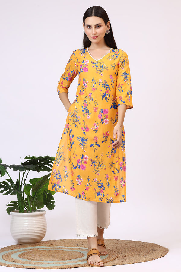 Yellow Floral Printed Modal Straight Kurta with Lace