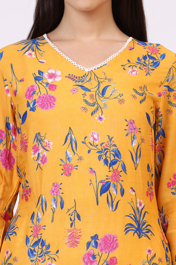 Yellow Floral Printed Modal Straight Kurta with Lace