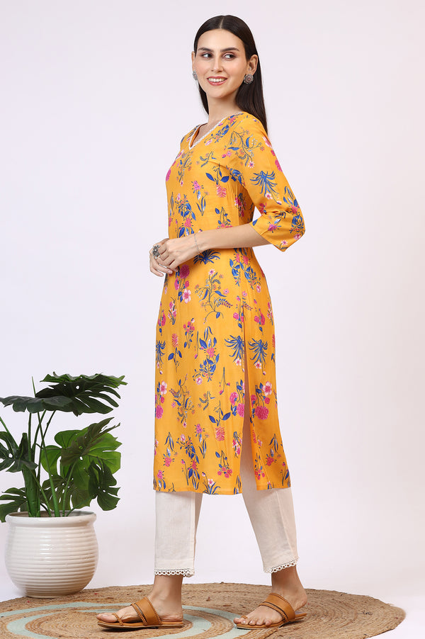 Yellow Floral Printed Modal Straight Kurta with Lace