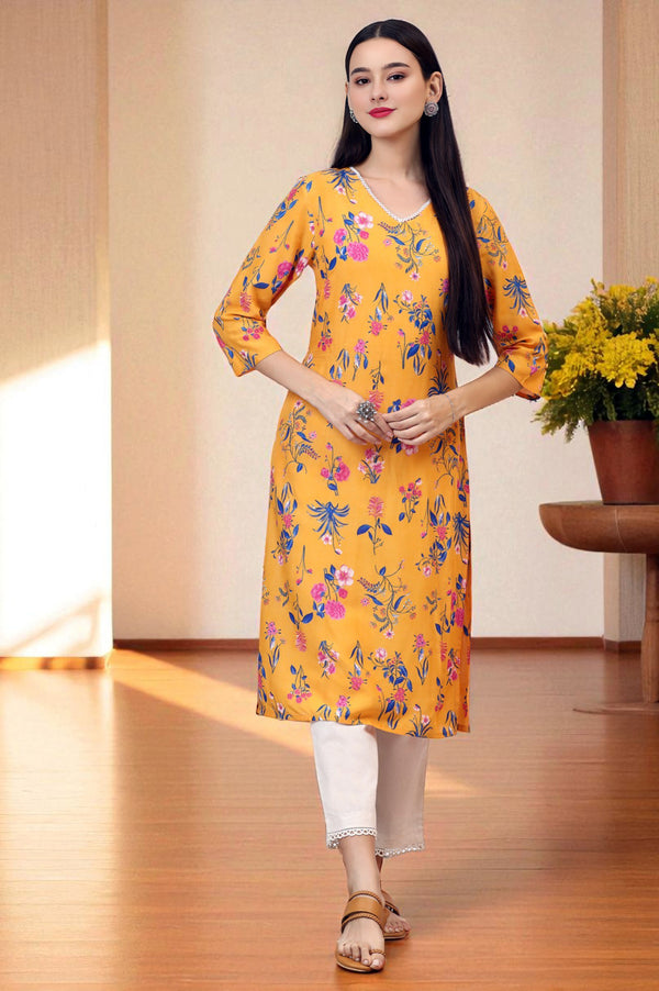 Yellow Floral Printed Modal Straight Kurta with Lace