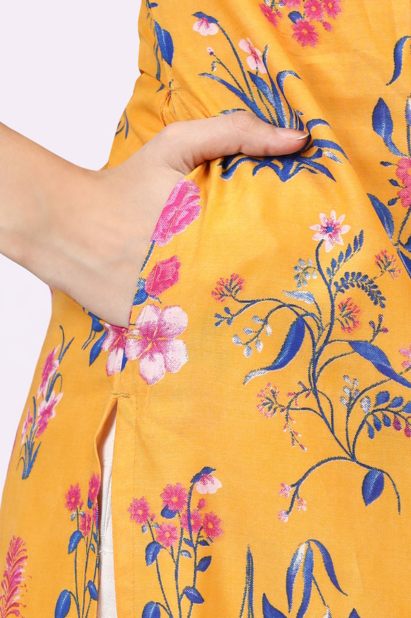 Yellow Floral Printed Modal Straight Kurta with Lace