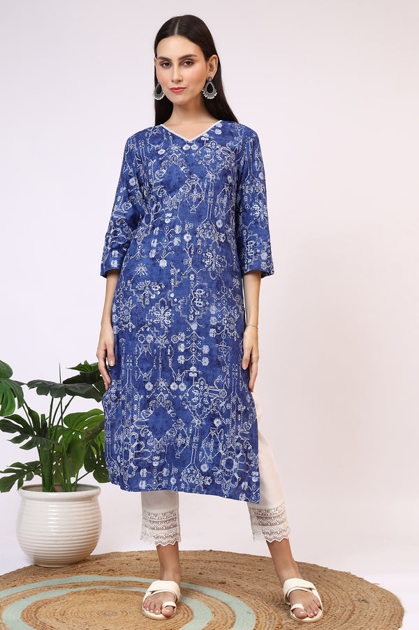 Navy Blue Printed Rayon Straight Kurta with Lace