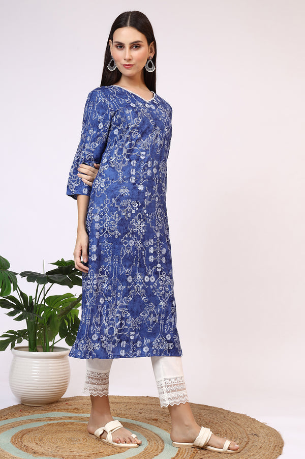 Navy Blue Printed Rayon Straight Kurta with Lace