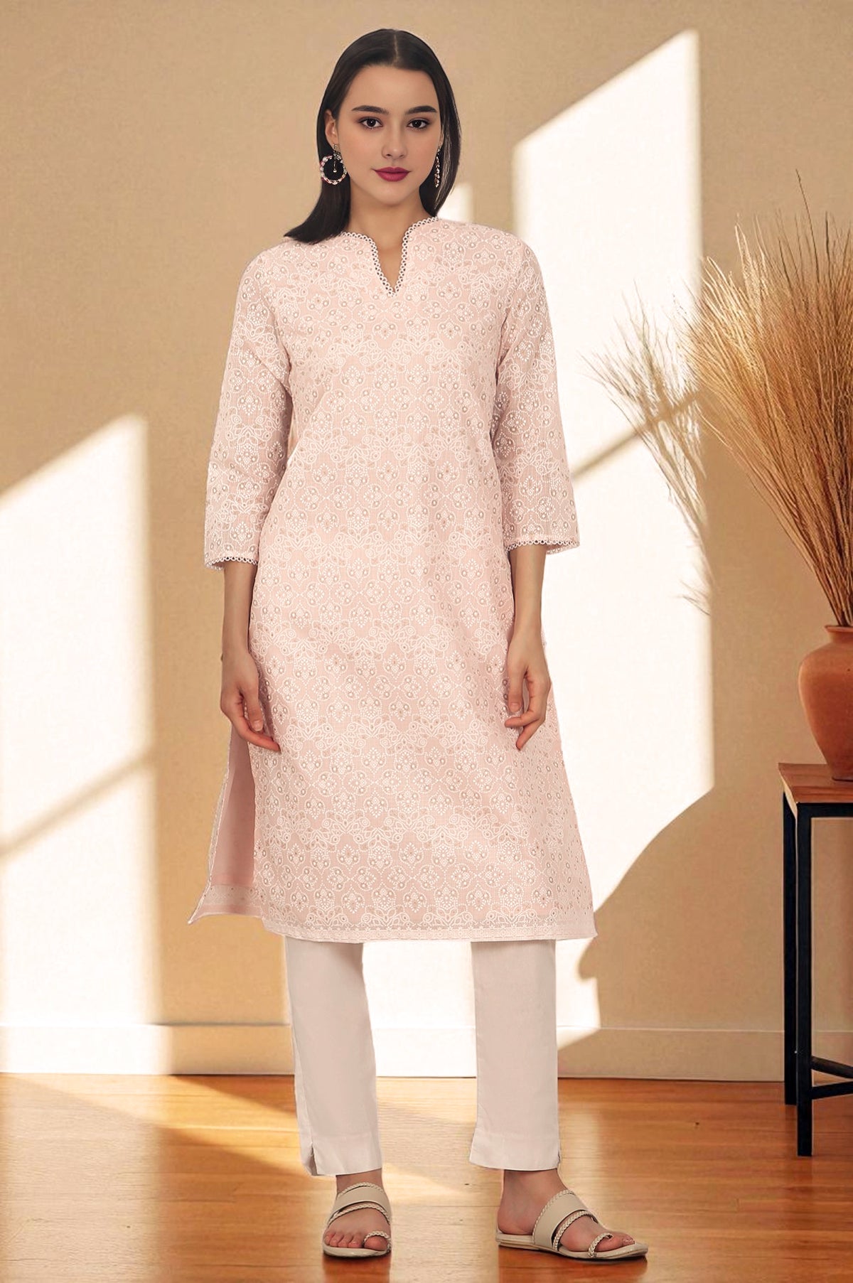 Pastel Pink Khadi Printed Kota Straight Kurta - XS