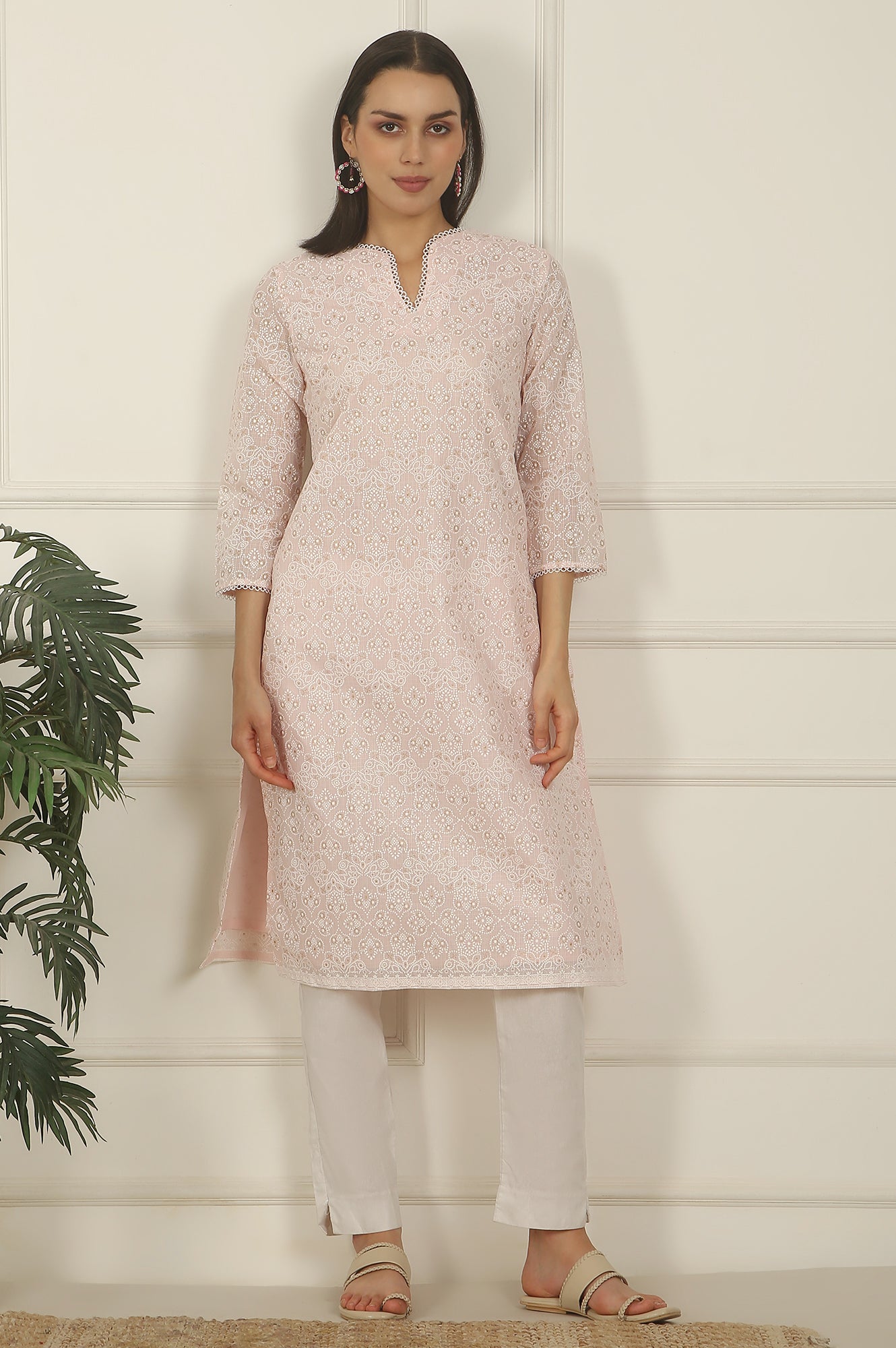 Pastel Pink Khadi Printed Kota Straight Kurta