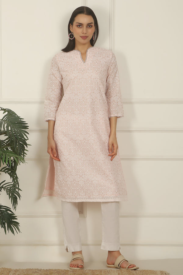 Pastel Pink Khadi Printed Kota Straight Kurta