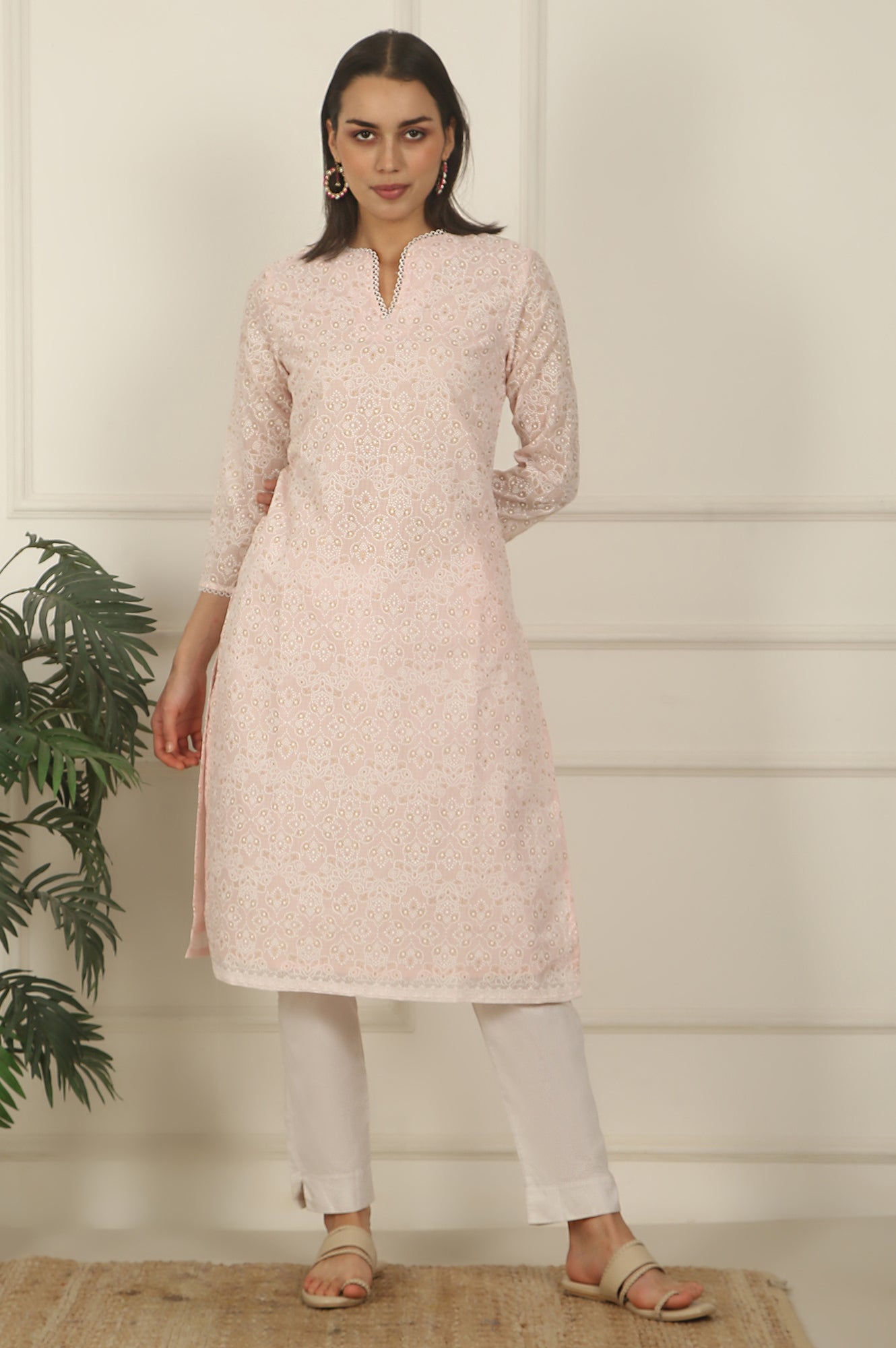 Pastel Pink Khadi Printed Kota Straight Kurta