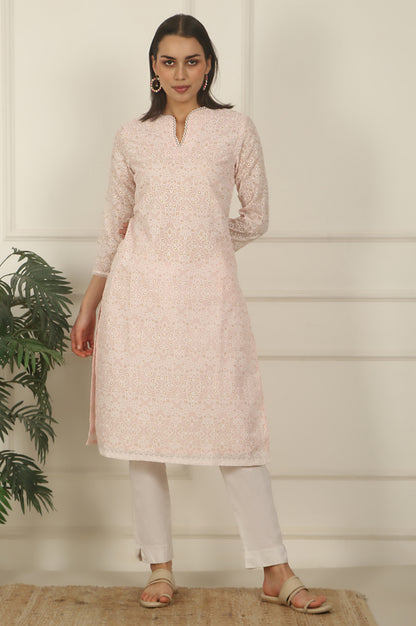 Pastel Pink Khadi Printed Kota Straight Kurta