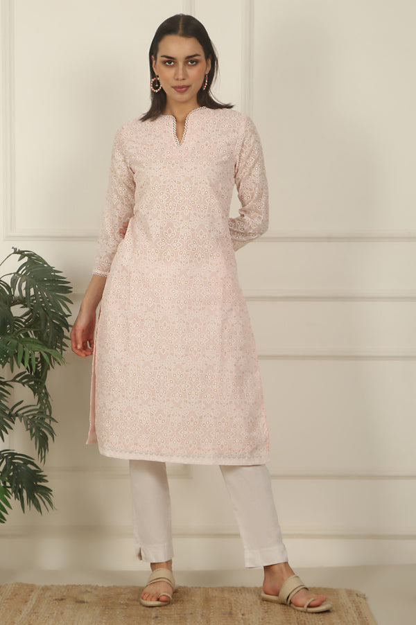 Pastel Pink Khadi Printed Kota Straight Kurta