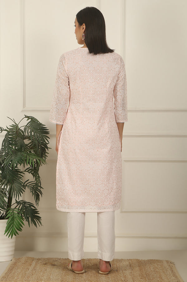 Pastel Pink Khadi Printed Kota Straight Kurta