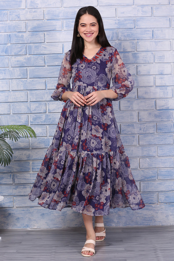Purple Floral Printed Chiffon Gathered Dress