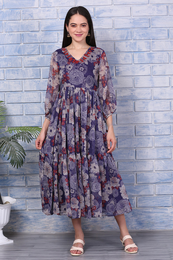 Purple Floral Printed Chiffon Gathered Dress
