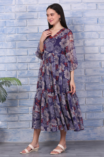 Purple Floral Printed Chiffon Gathered Dress