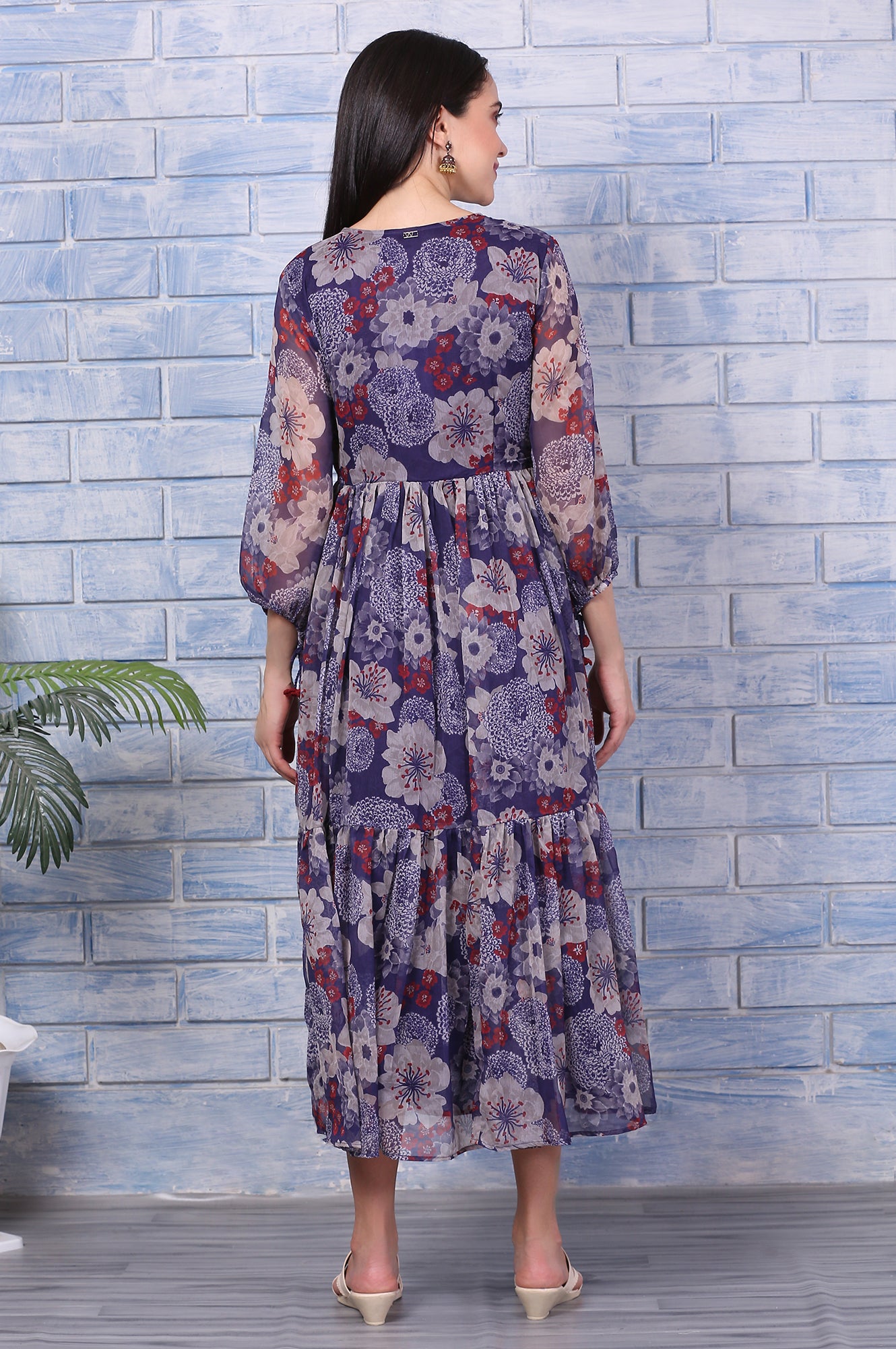 Purple Floral Printed Chiffon Gathered Dress