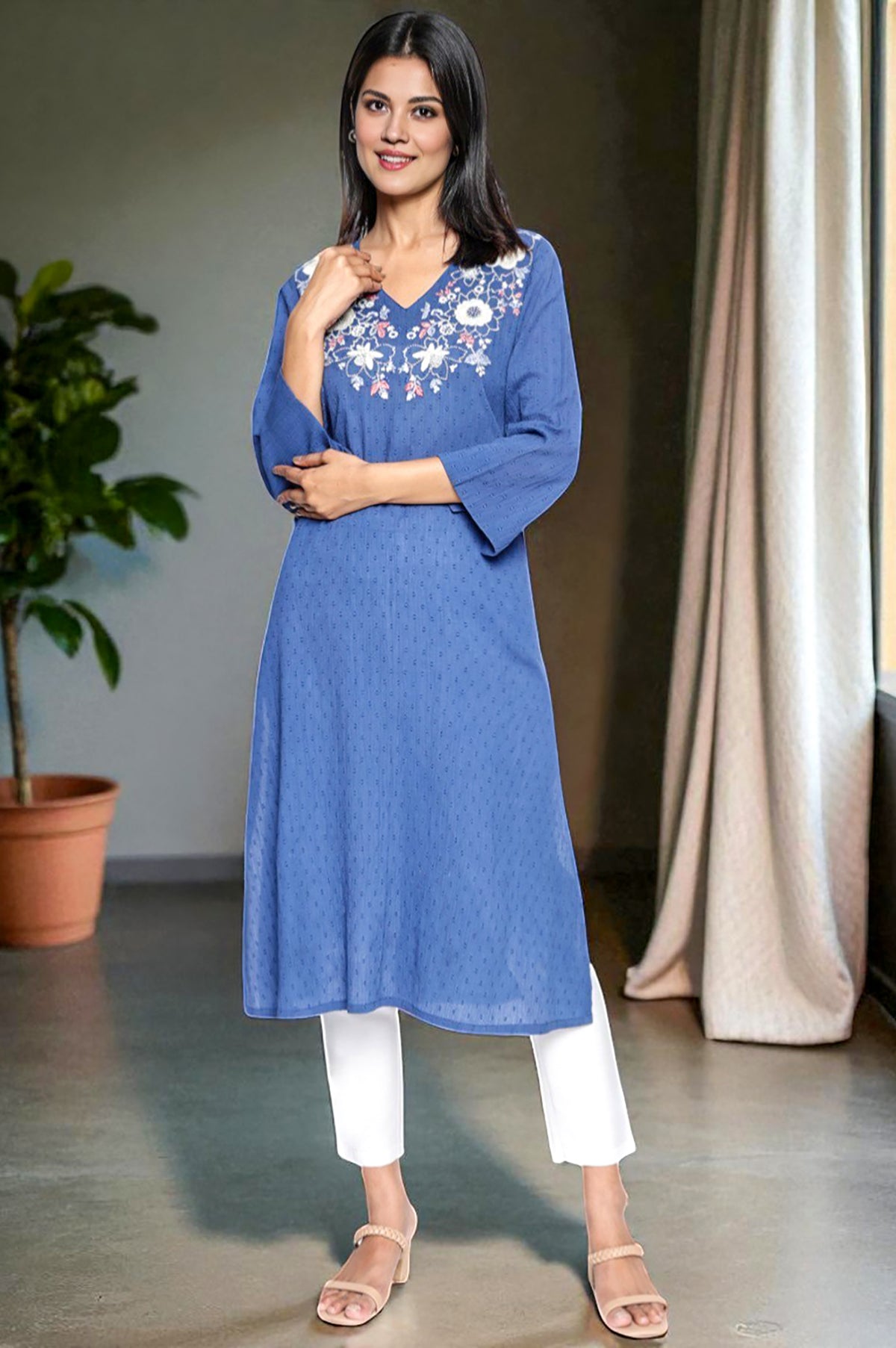 Cobalt Blue Solid Printed Pure Cotton Straight Kurta - XS