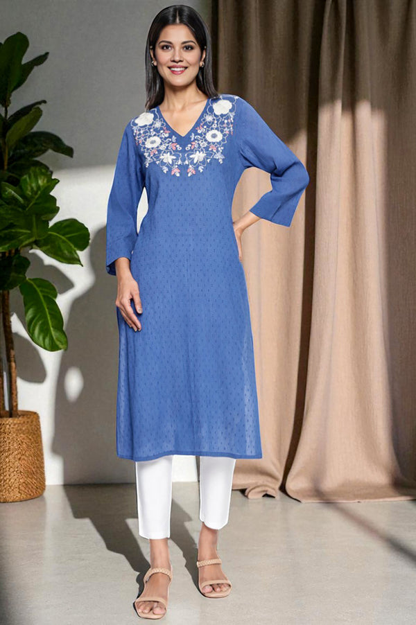 Cobalt Blue Solid Printed Pure Cotton Straight Kurta
