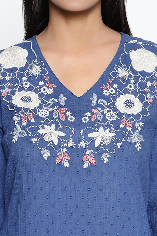 Cobalt Blue Solid Printed Pure Cotton Straight Kurta