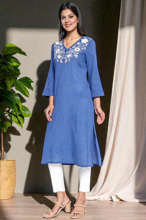 Cobalt Blue Solid Printed Pure Cotton Straight Kurta