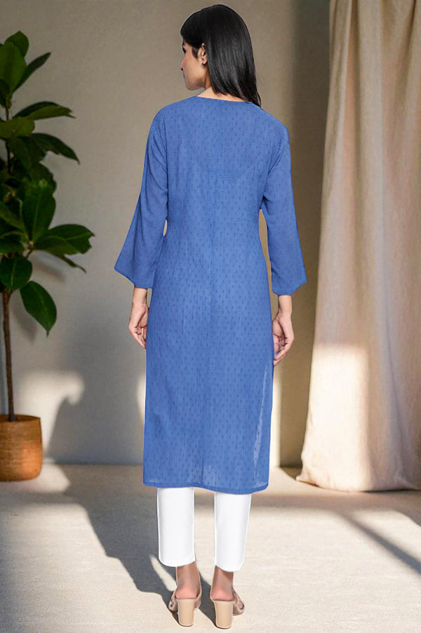 Cobalt Blue Solid Printed Pure Cotton Straight Kurta
