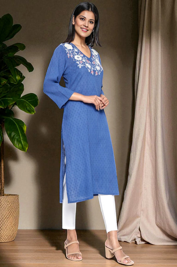 Cobalt Blue Solid Printed Pure Cotton Straight Kurta