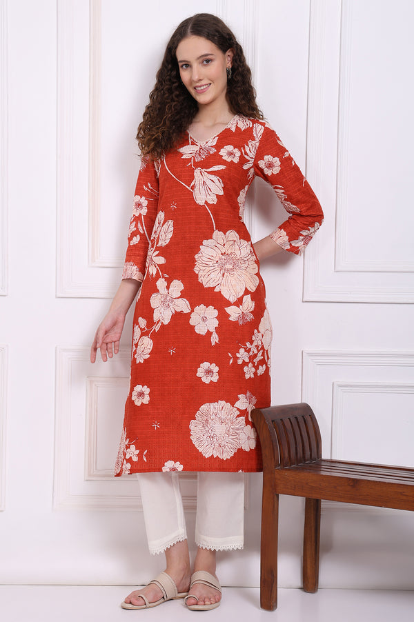Red Bold Floral Printed Pure Cotton Straight Kurta with Lace