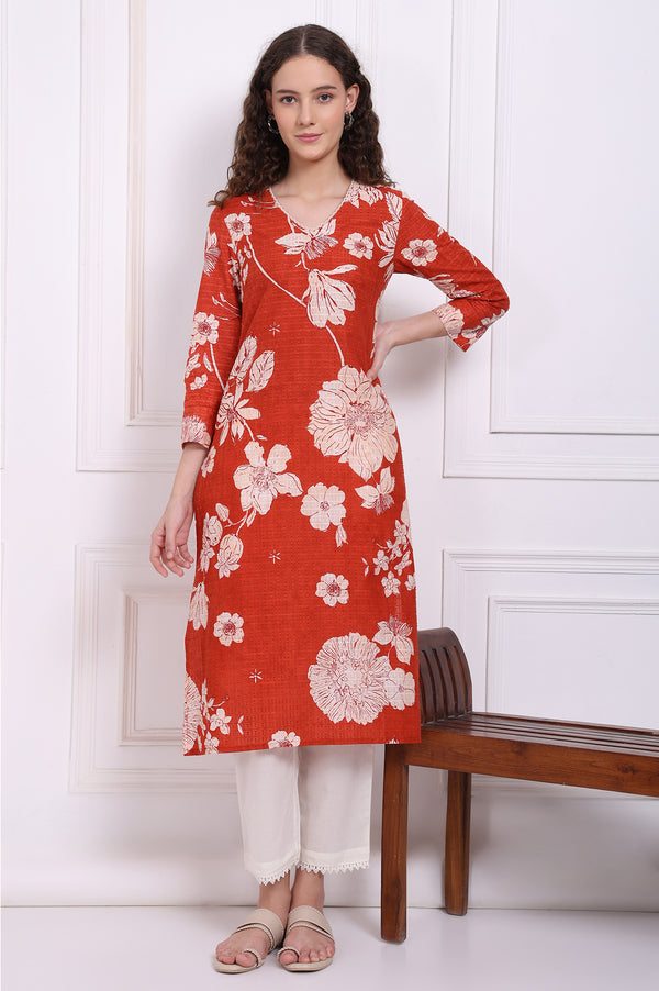 Red Bold Floral Printed Pure Cotton Straight Kurta with Lace