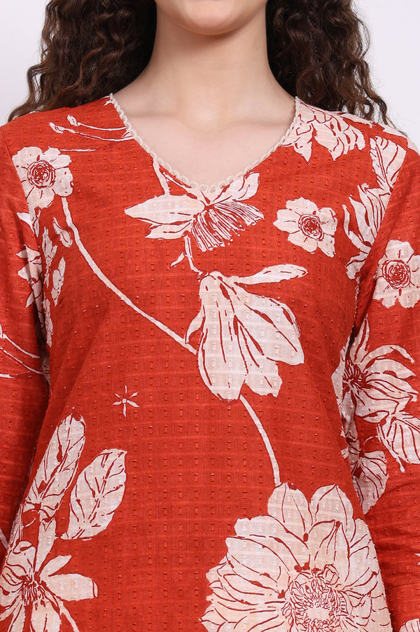 Red Bold Floral Printed Pure Cotton Straight Kurta with Lace
