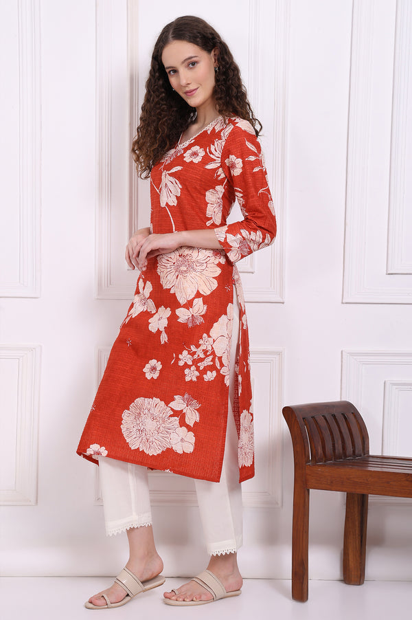 Red Bold Floral Printed Pure Cotton Straight Kurta with Lace