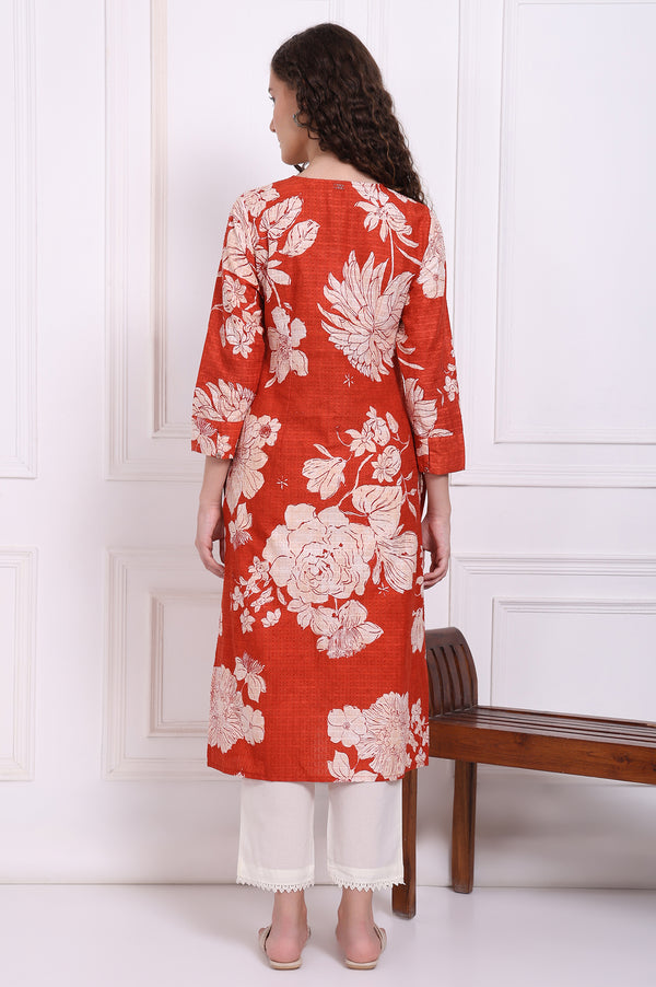Red Bold Floral Printed Pure Cotton Straight Kurta with Lace