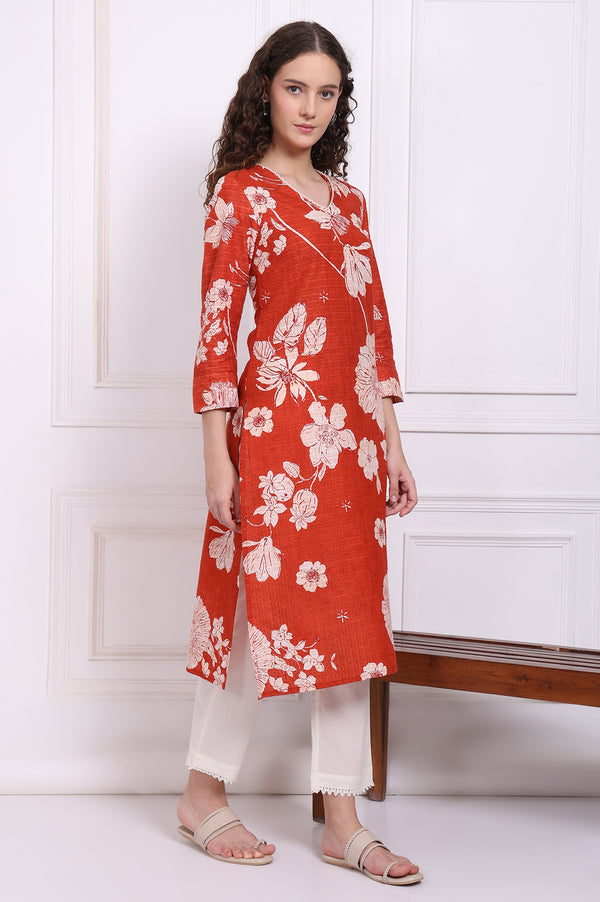 Red Bold Floral Printed Pure Cotton Straight Kurta with Lace