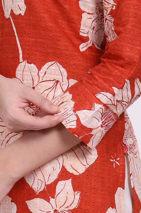 Red Bold Floral Printed Pure Cotton Straight Kurta with Lace