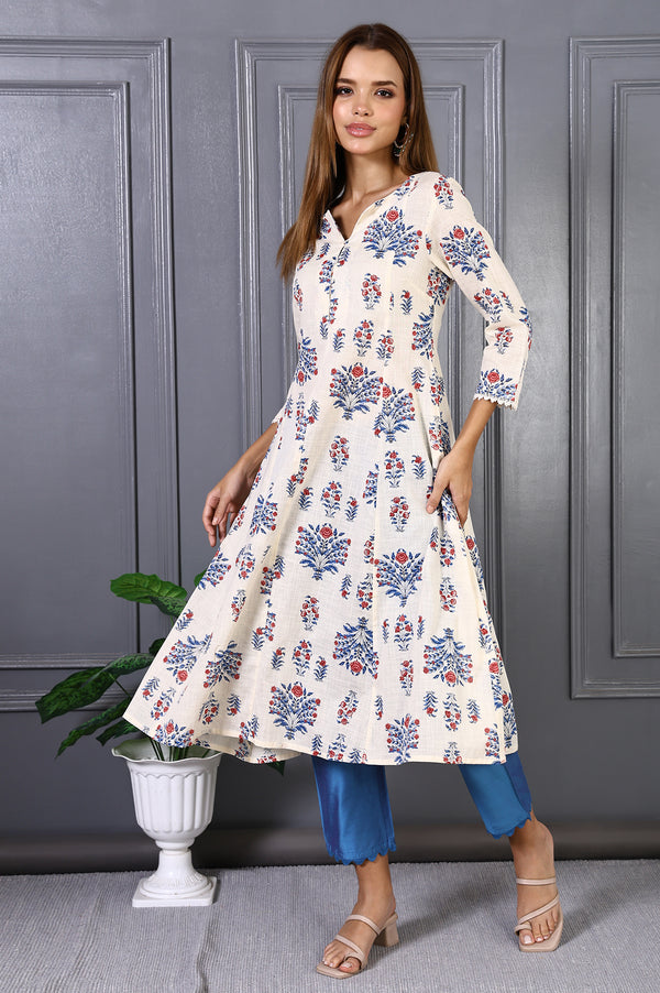 White Floral Printed Lace Pure Cotton Flared Kurta