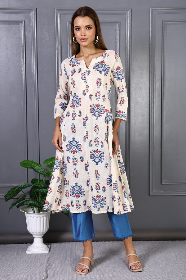 White Floral Printed Lace Pure Cotton Flared Kurta