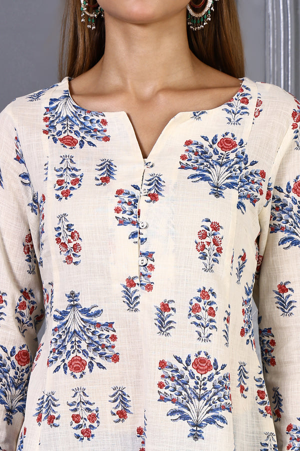 White Floral Printed Lace Pure Cotton Flared Kurta