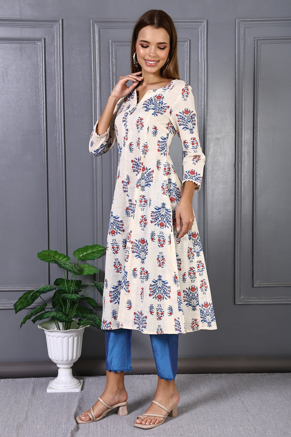 White Floral Printed Lace Pure Cotton Flared Kurta