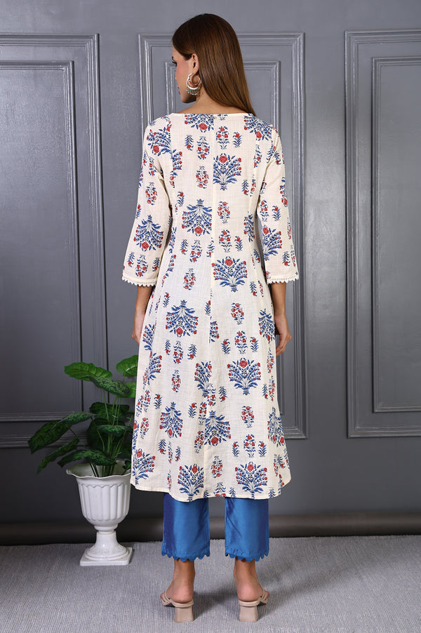 White Floral Printed Lace Pure Cotton Flared Kurta