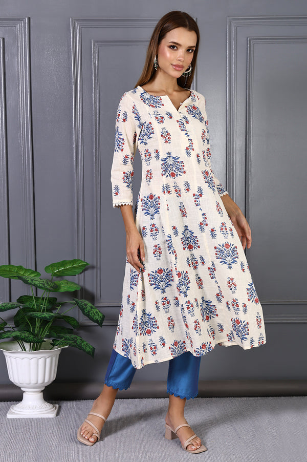 White Floral Printed Lace Pure Cotton Flared Kurta